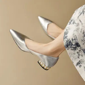 Silver Gold Pearl-Embellished Heel Flats #001118