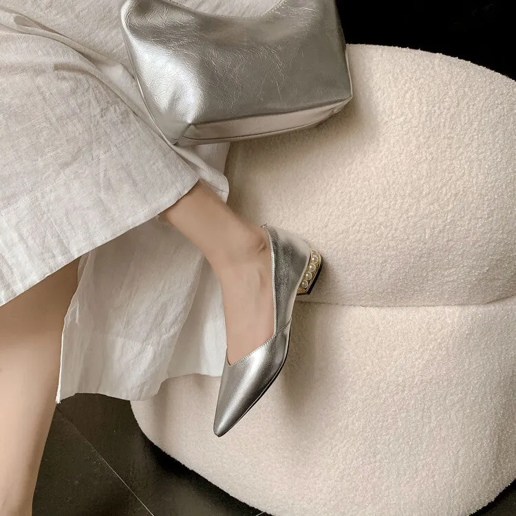 Silver Gold Pearl-Embellished Heel Flats #001118
