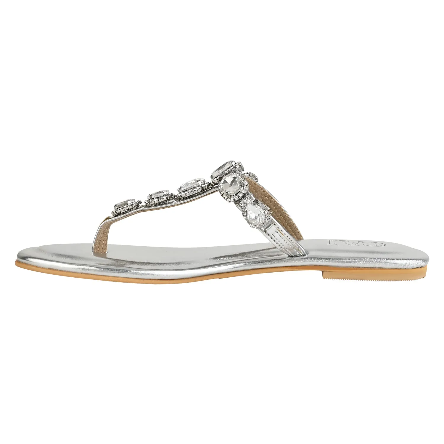Silver Jewel T strap Flats