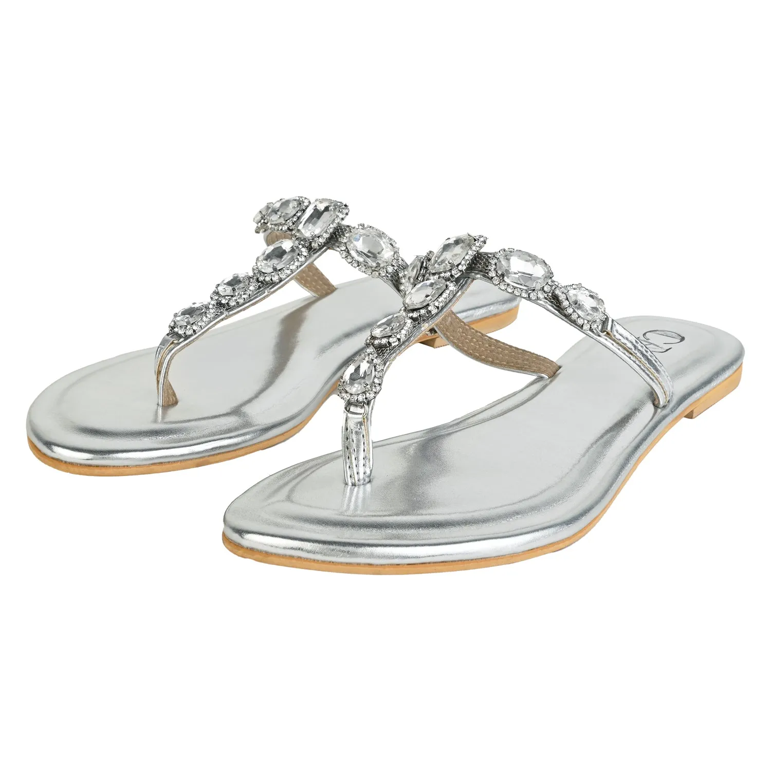 Silver Jewel T strap Flats