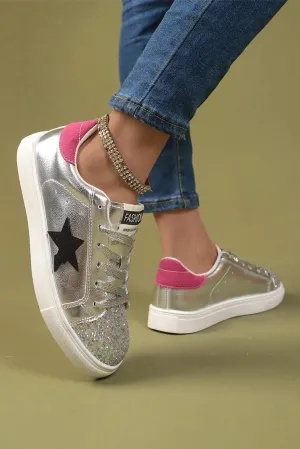 Silvery Metallic Luster Star Pattern Slip On Flat Shoes