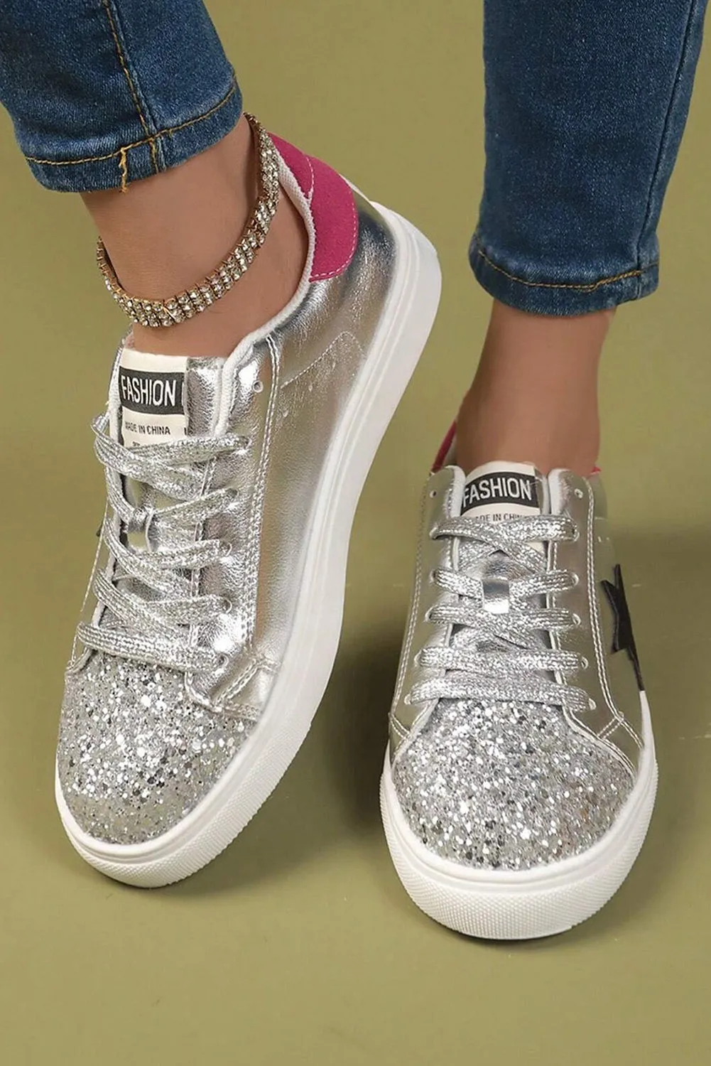 Silvery Metallic Luster Star Pattern Slip On Flat Shoes