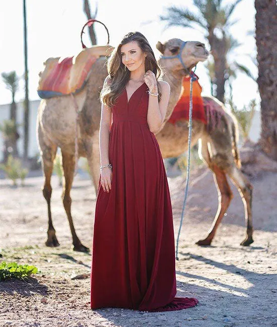 Simple burgundy chiffon long prom dress, burgundy evening dress