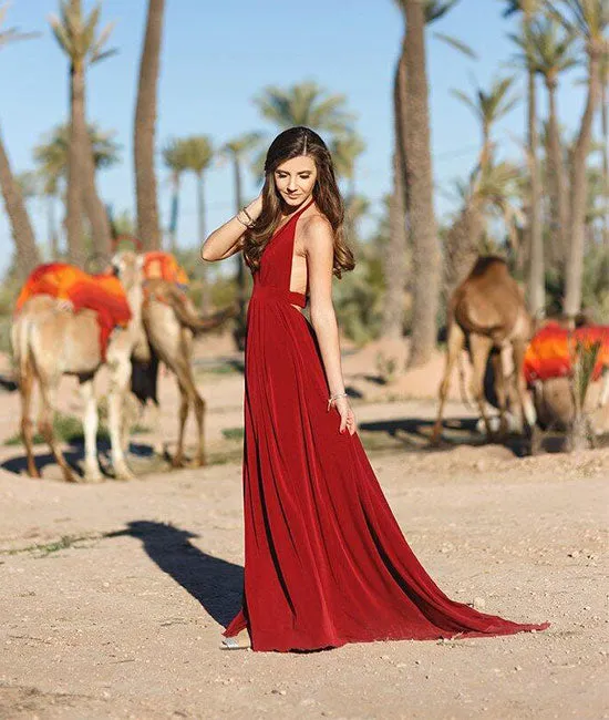 Simple burgundy chiffon long prom dress, burgundy evening dress