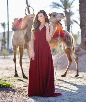 Simple burgundy chiffon long prom dress, burgundy evening dress