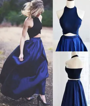 Simple dark blue two pieces long prom dress, evening dress