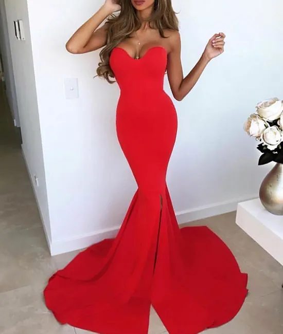 Simple red mermaid long prom dress, red evening dress