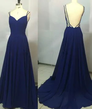 Simple Royal Blue long prom dress, backless evening dress