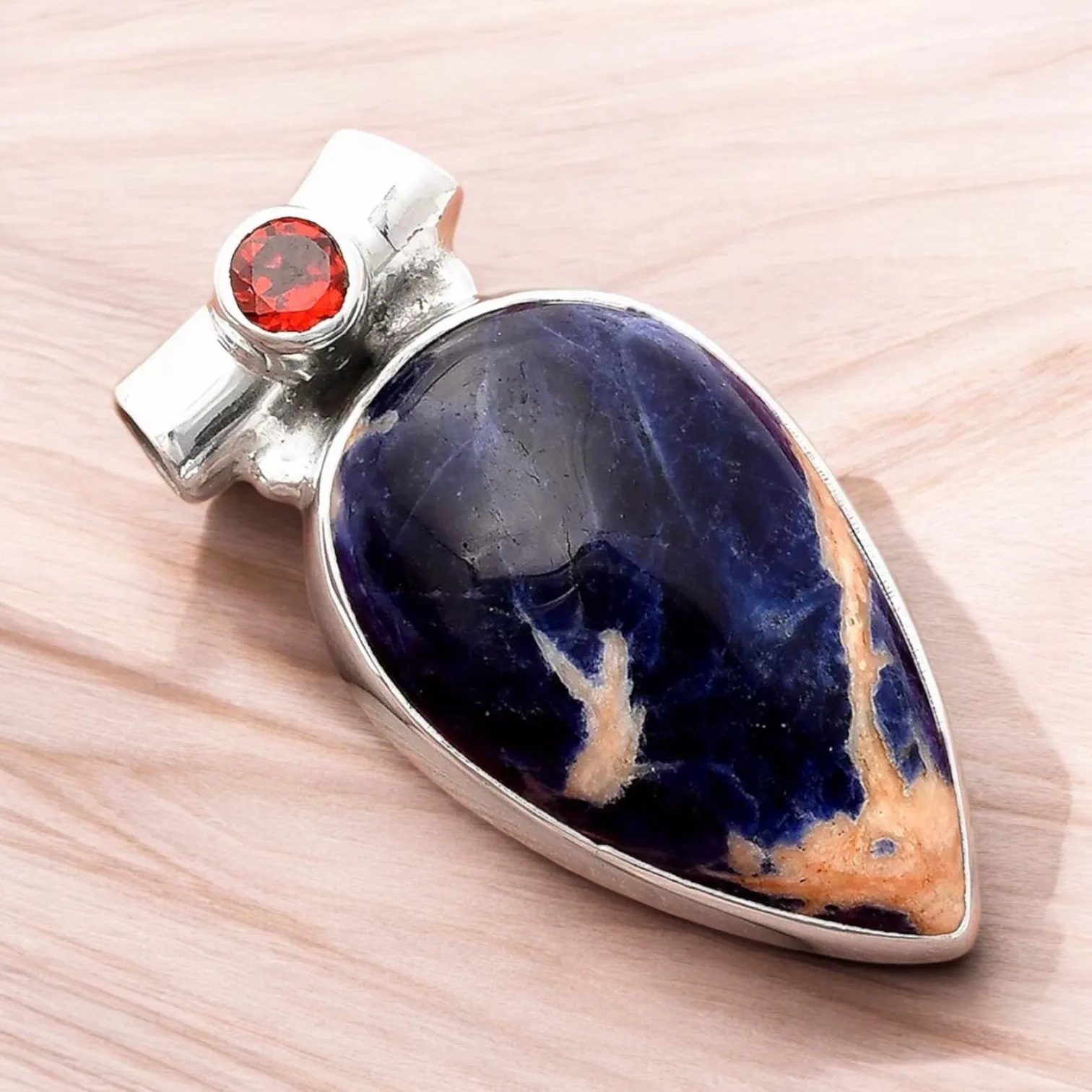 Sodalite & Garnet Solid 925 Sterling Silver Pendant