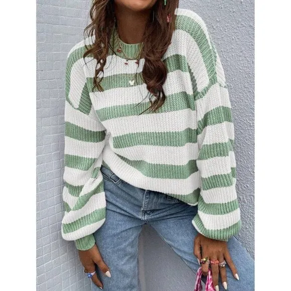 soft knit crew neck preppy striped sweater green white