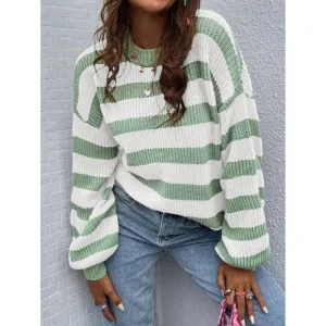 soft knit crew neck preppy striped sweater green white
