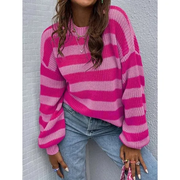 soft knit crew neck preppy striped sweater pink
