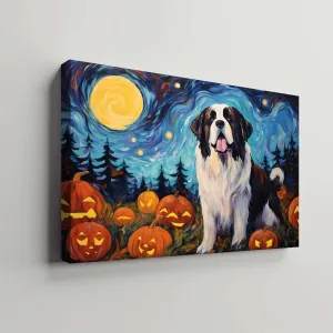 St. Bernards Dog 02 Halloween With Pumpkin Oil Painting Van Goh Style, Wooden Canvas Prints Wall Art Painting , Canvas 3d Art
