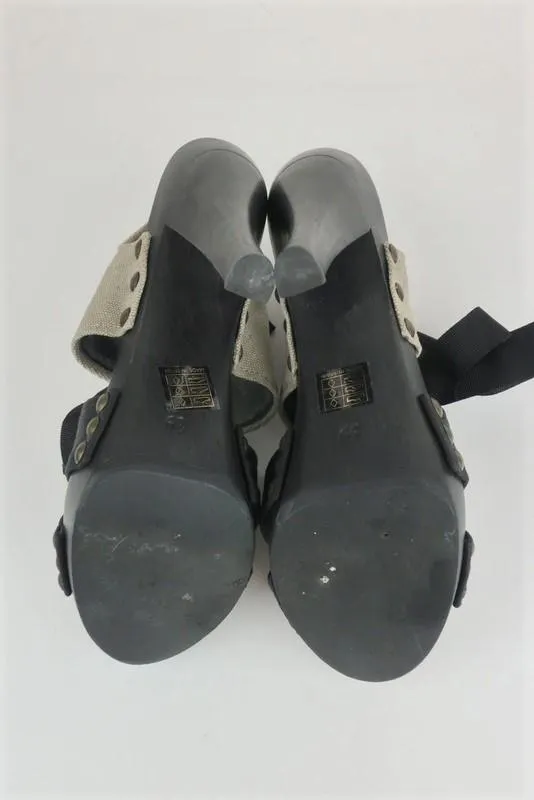 Stella McCartney Lace-Up Sandals Gray Twill & Black Faux Leather Size 39