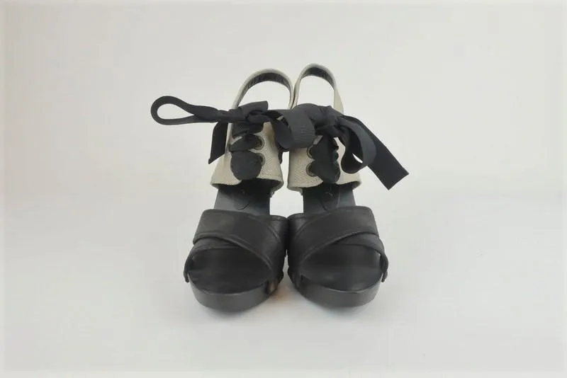 Stella McCartney Lace-Up Sandals Gray Twill & Black Faux Leather Size 39