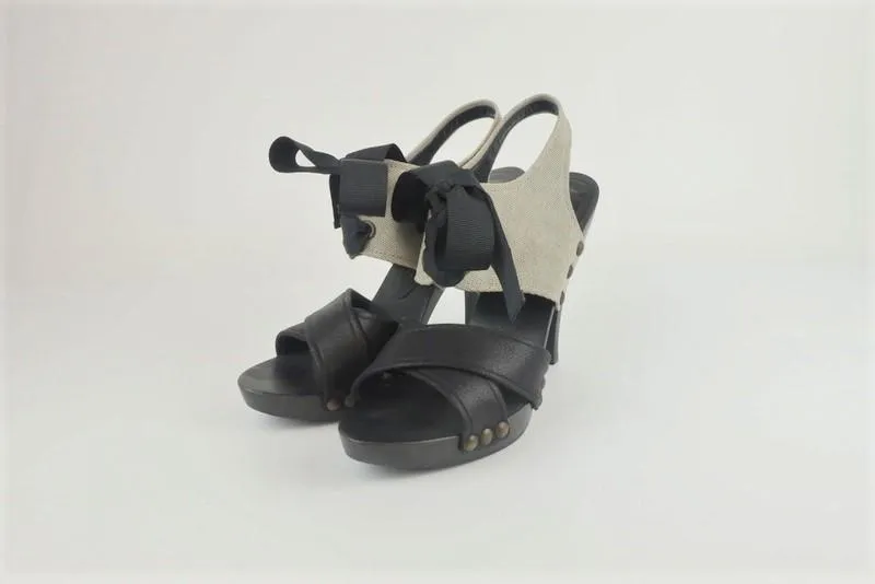 Stella McCartney Lace-Up Sandals Gray Twill & Black Faux Leather Size 39