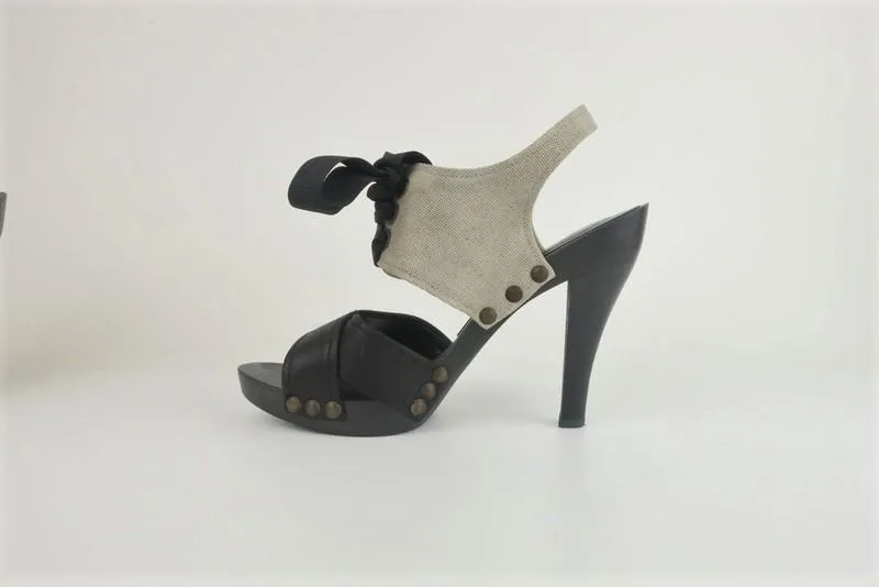 Stella McCartney Lace-Up Sandals Gray Twill & Black Faux Leather Size 39