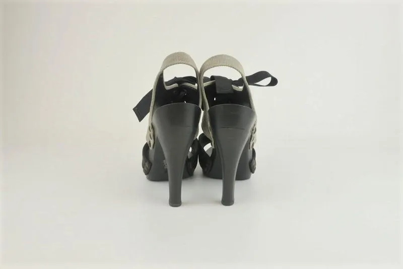 Stella McCartney Lace-Up Sandals Gray Twill & Black Faux Leather Size 39