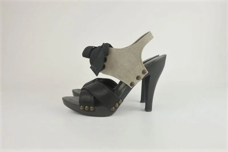 Stella McCartney Lace-Up Sandals Gray Twill & Black Faux Leather Size 39