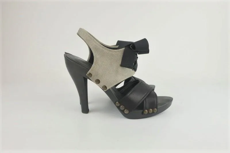 Stella McCartney Lace-Up Sandals Gray Twill & Black Faux Leather Size 39