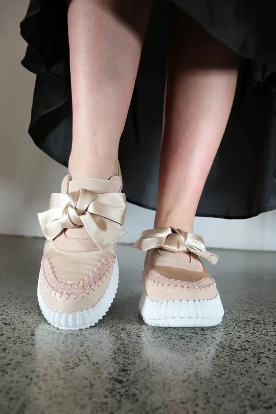 Stitched Bow - Champagne Satin Leather