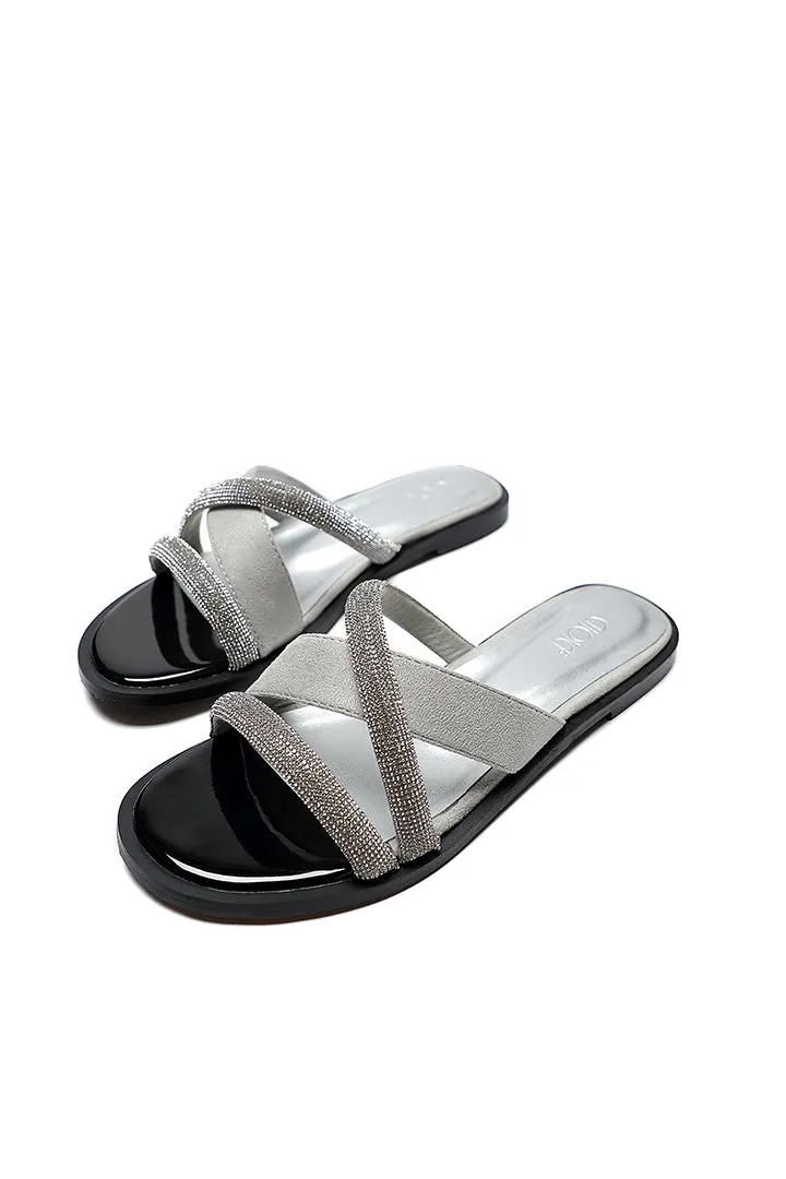 Studded Rhinestones Slanted Strap Slides Sandals