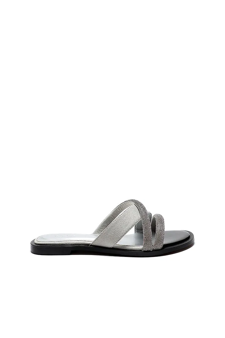 Studded Rhinestones Slanted Strap Slides Sandals