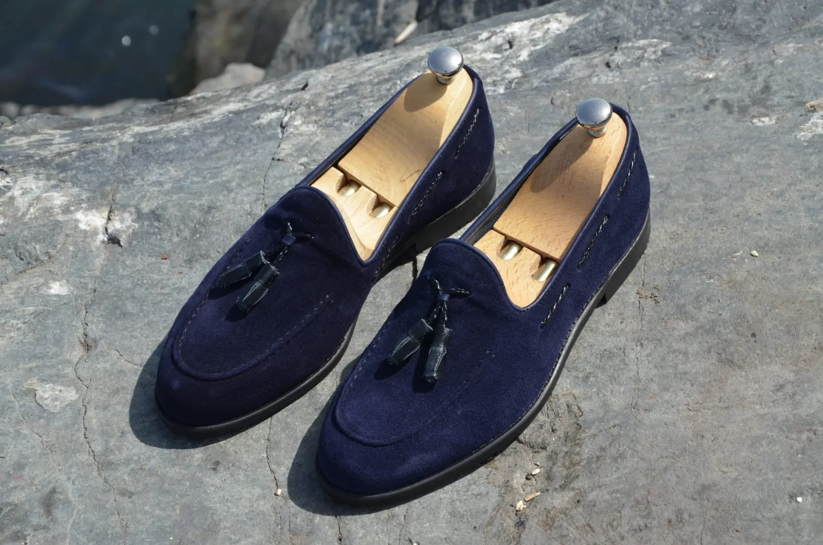 Suade Calf-Leather Loafer Shoes - Navy Blue