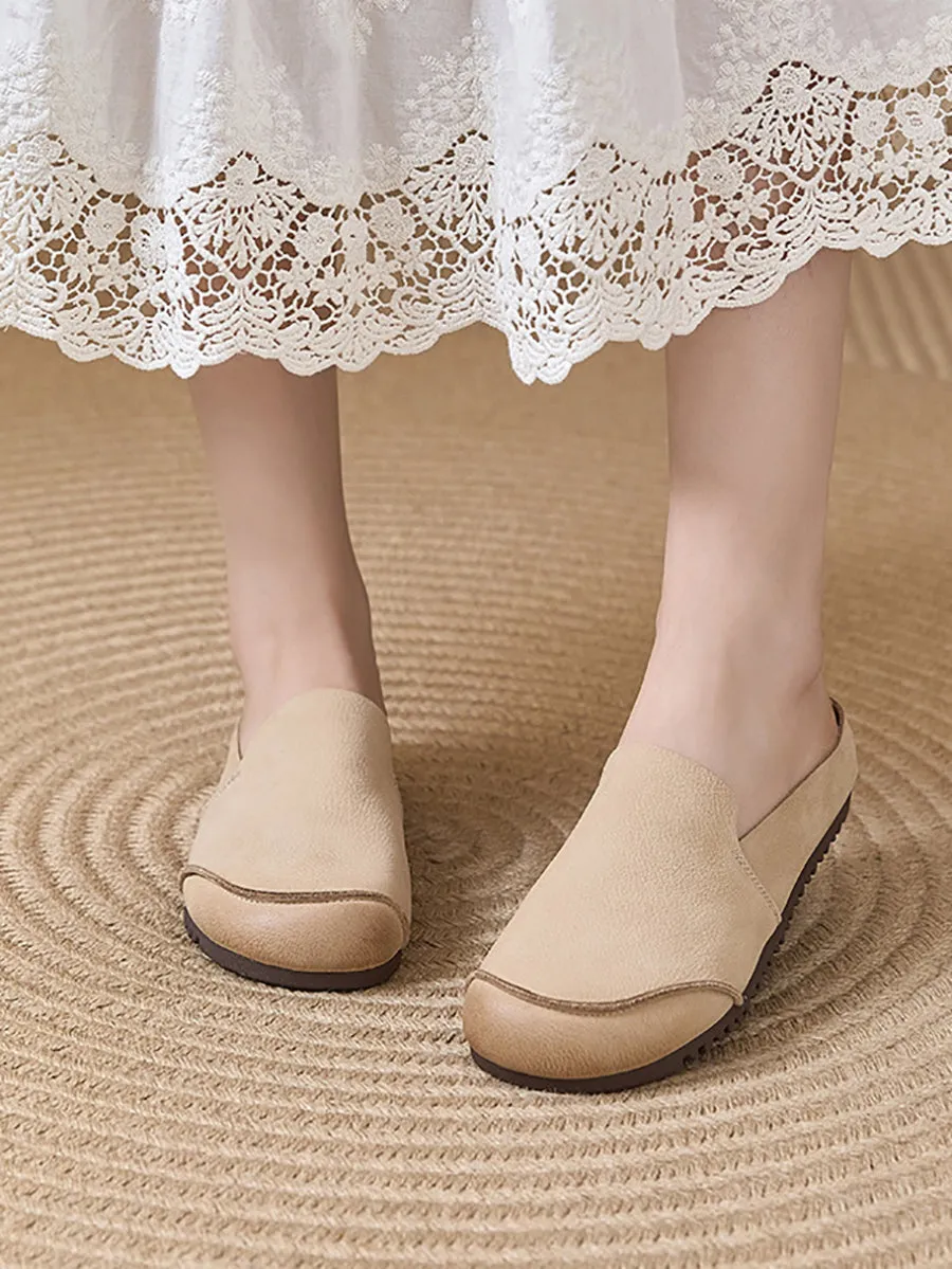 Summer Soft Leather Spliced Flat Slippers