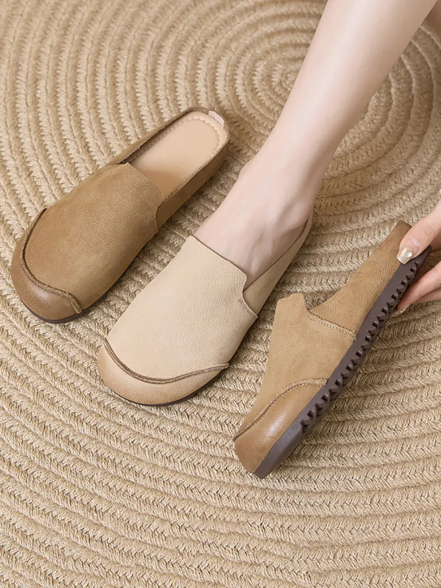 Summer Soft Leather Spliced Flat Slippers