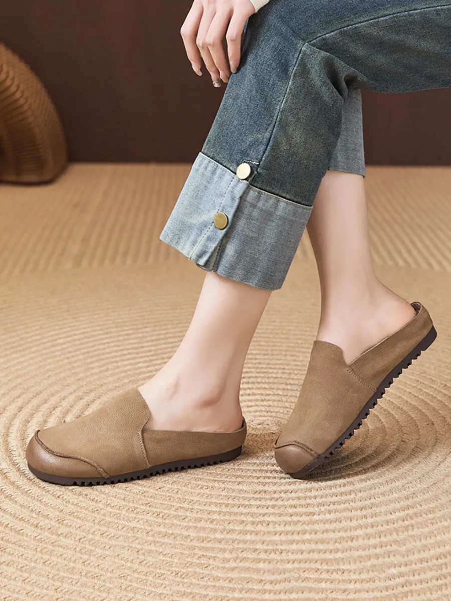 Summer Soft Leather Spliced Flat Slippers