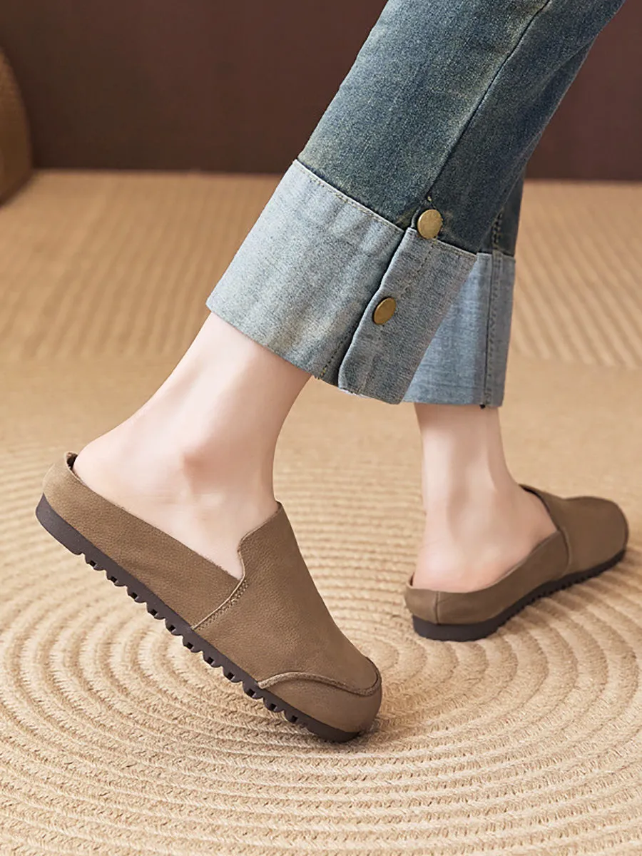 Summer Soft Leather Spliced Flat Slippers