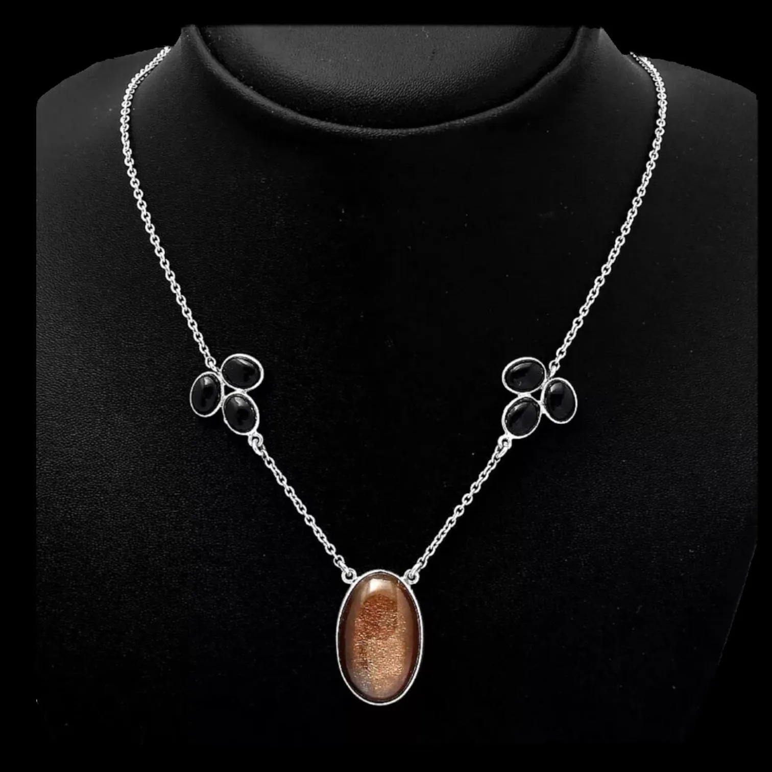 Sunstone & Black Onyx Solid 925 Sterling Silver Necklace
