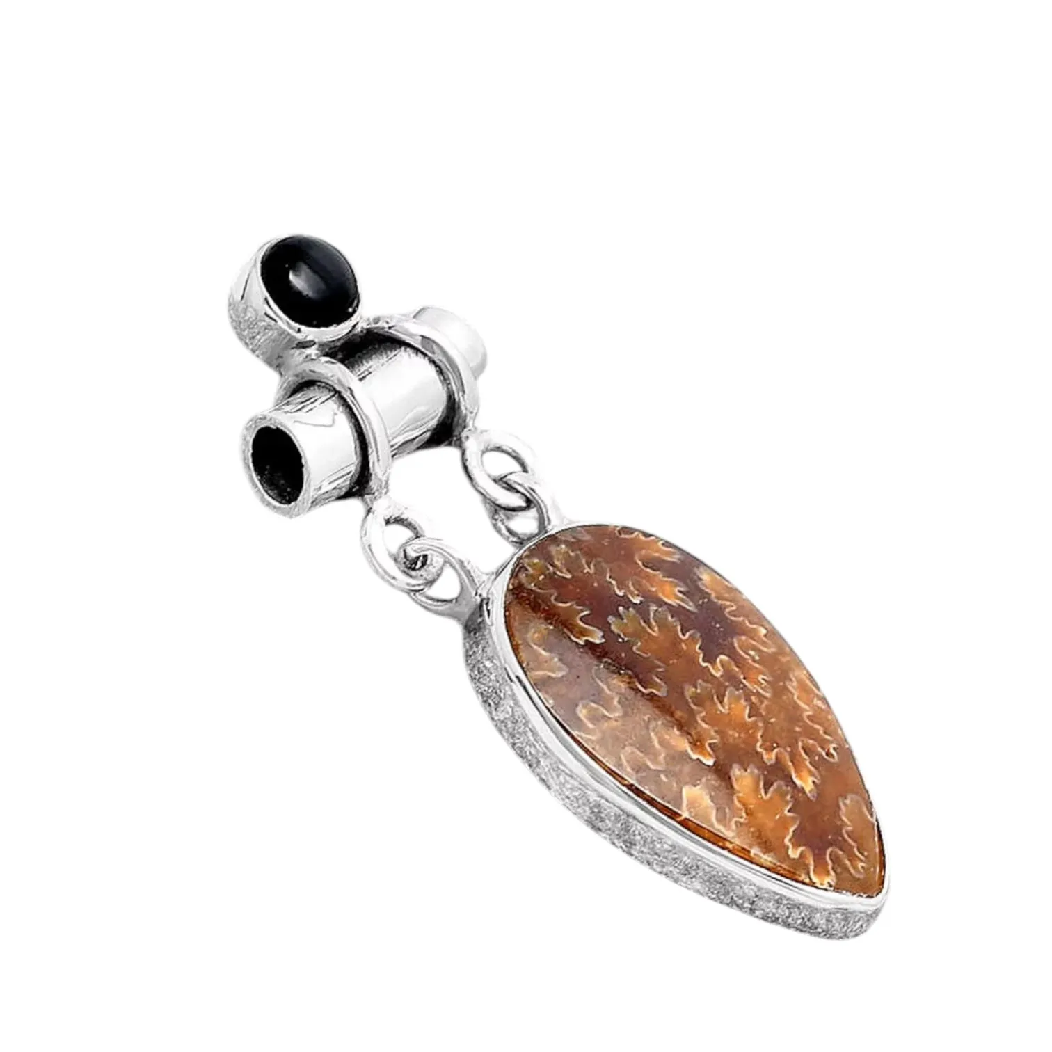 Sutured Ammonite & Onyx Solid 925 Sterling Silver Pendant