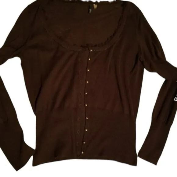 Tahari Deep Scoop Neck Brown Lightweight Cotton/Silk Cardigan - Large