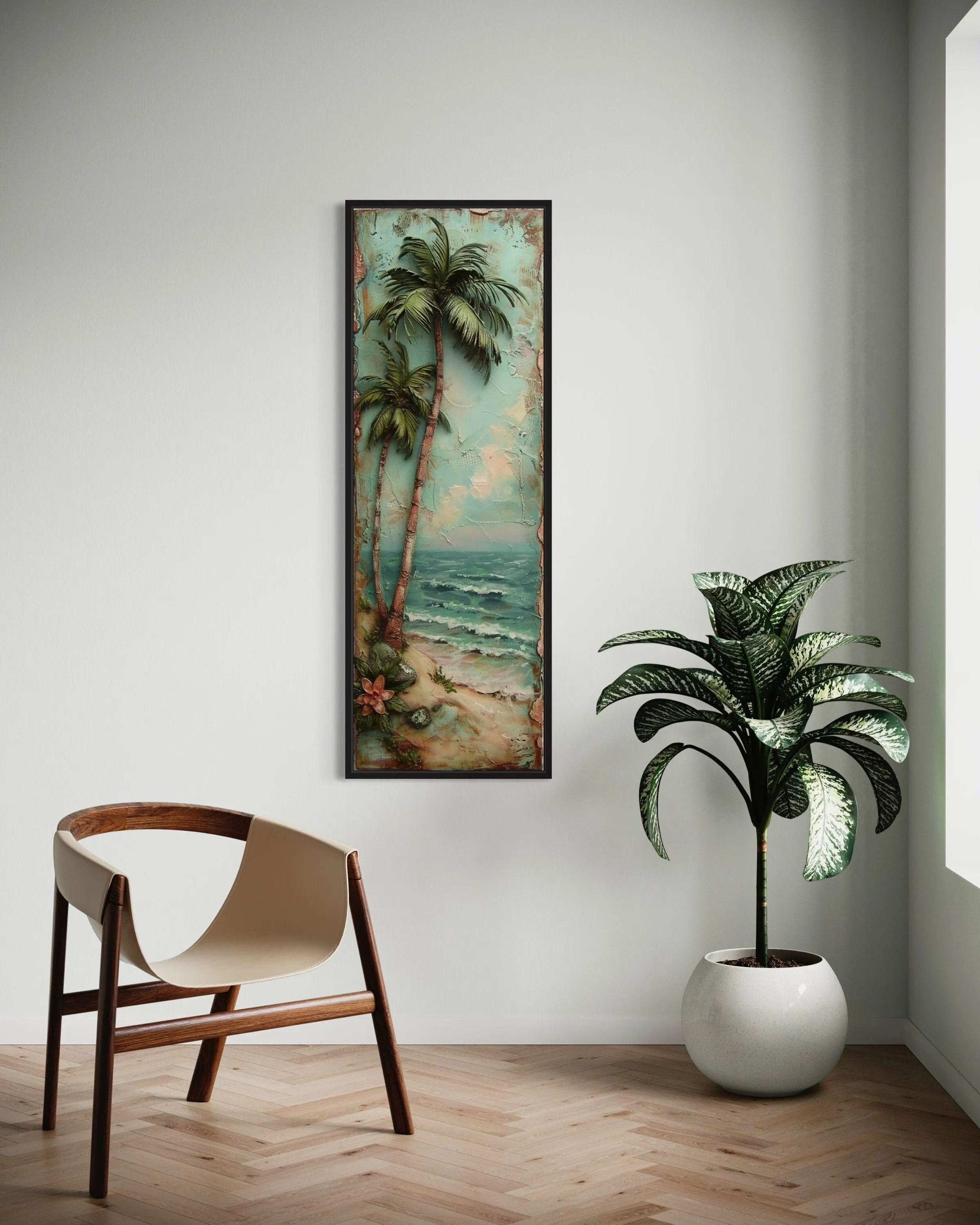 Tall Narrow Vertical Tropical  Vintage Palm Tree Canvas Wall Art