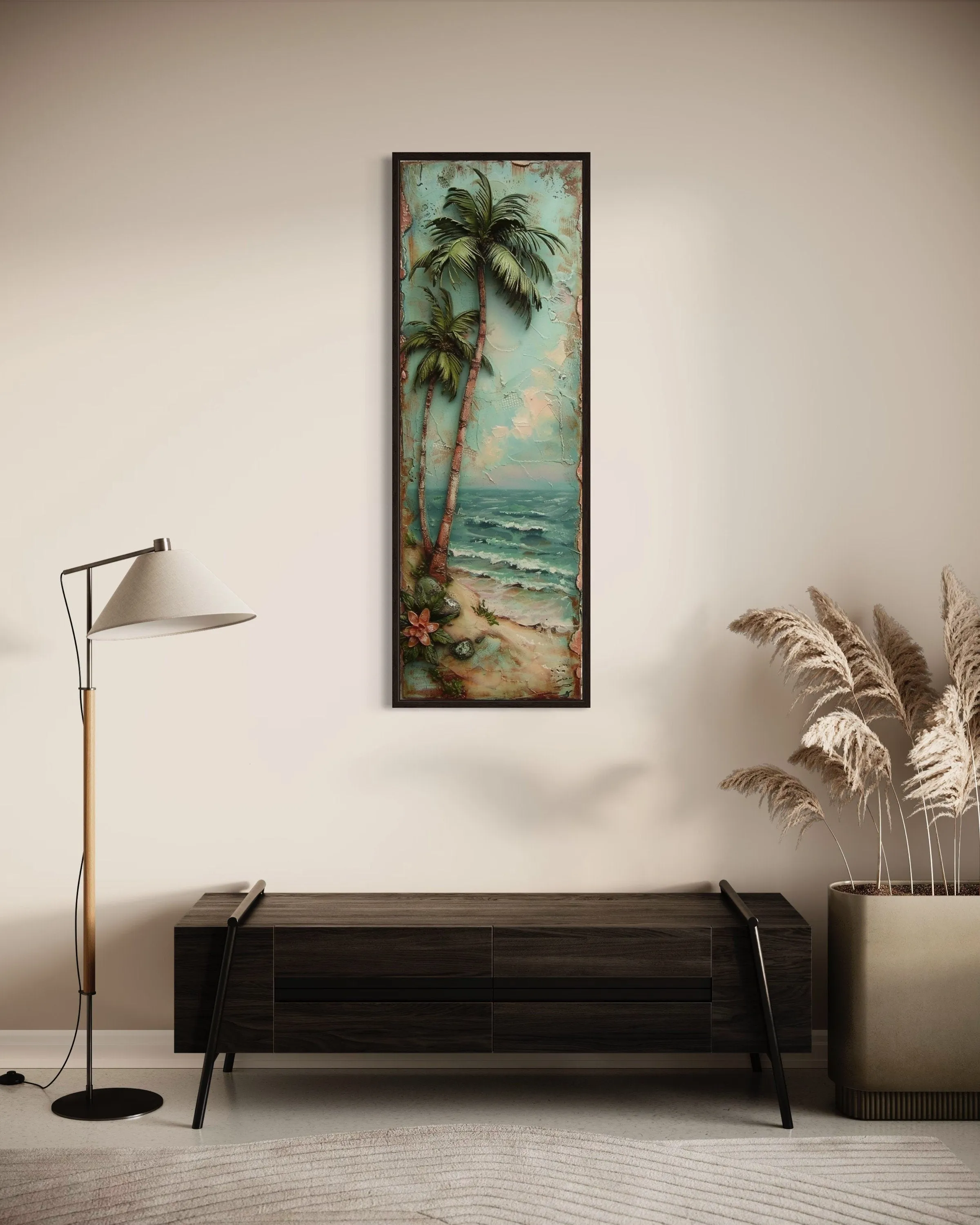 Tall Narrow Vertical Tropical  Vintage Palm Tree Canvas Wall Art