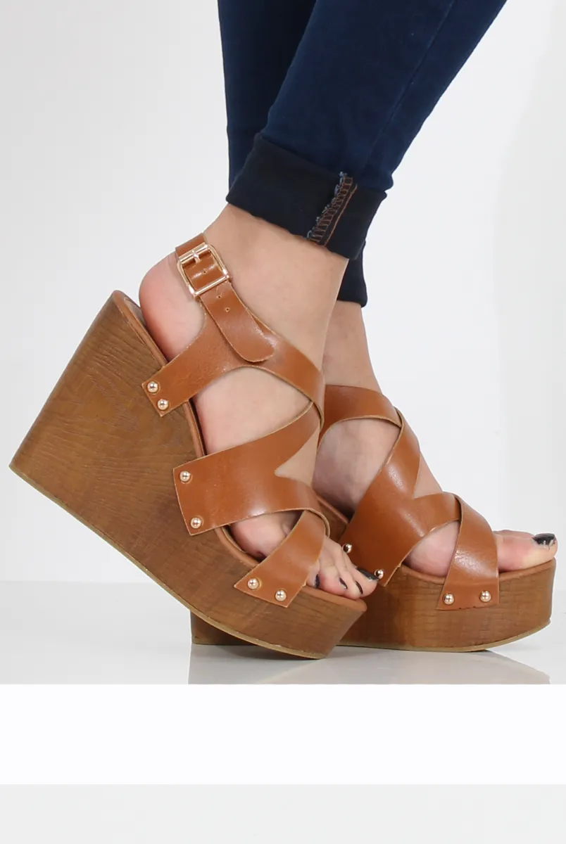 Tan Wedge Cut Out Sandals - Kelis