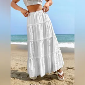 Tiered eyelet lace white maxi skirt boho gypsy
