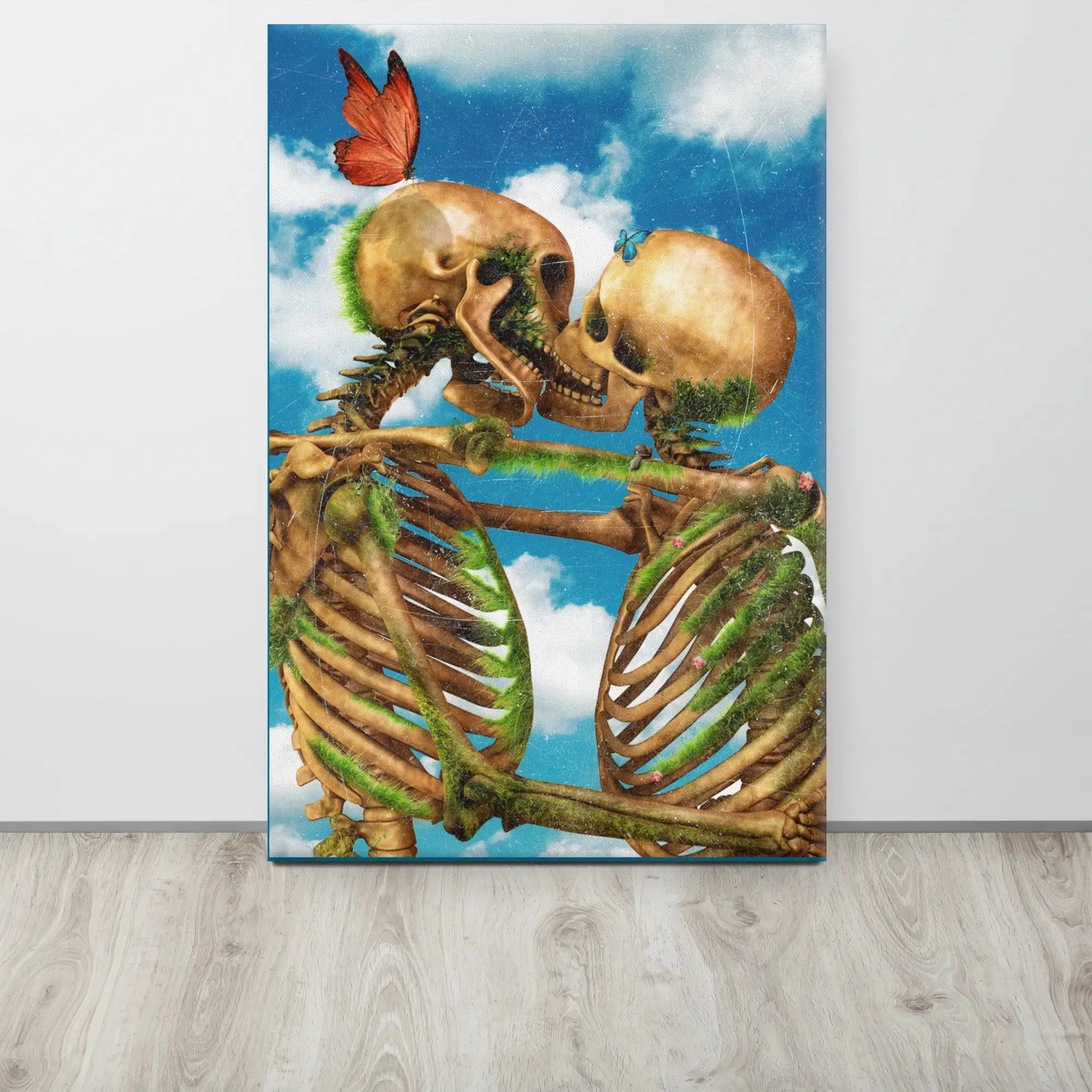 Til Death – Skeletons Kissing Under a Blue Sky Canvas Print