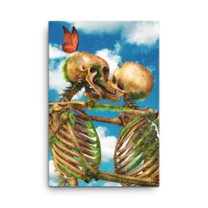Til Death – Skeletons Kissing Under a Blue Sky Canvas Print