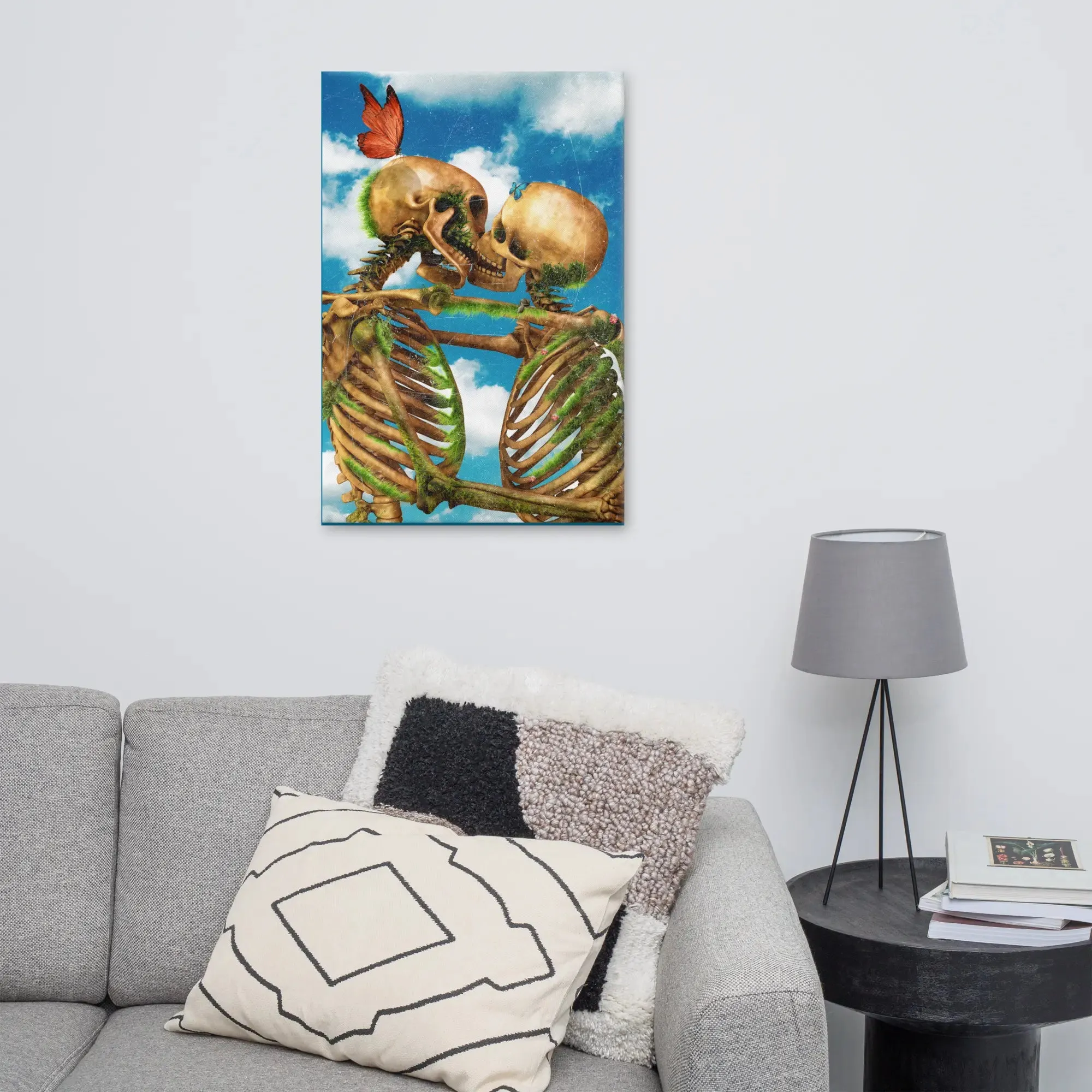 Til Death – Skeletons Kissing Under a Blue Sky Canvas Print