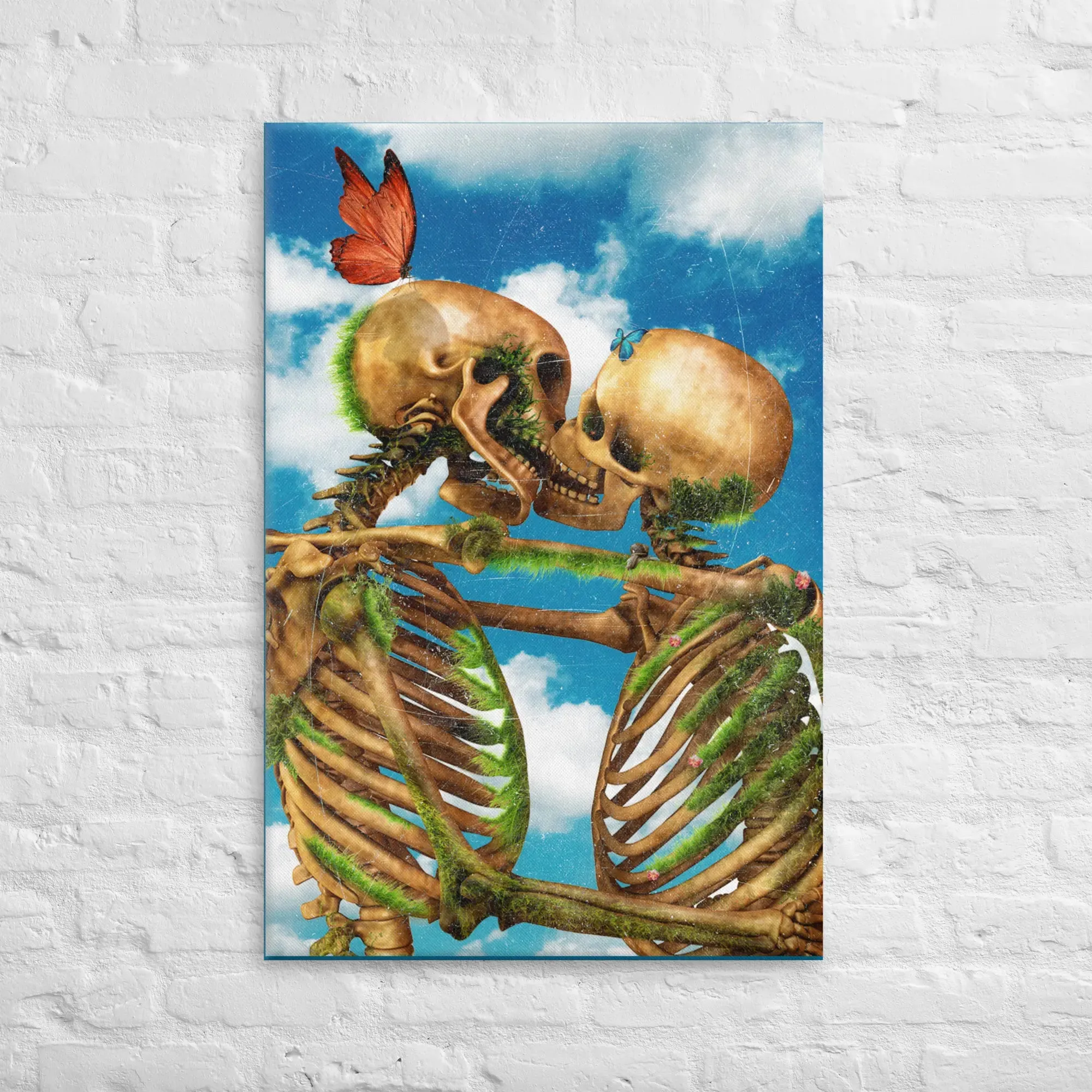 Til Death – Skeletons Kissing Under a Blue Sky Canvas Print