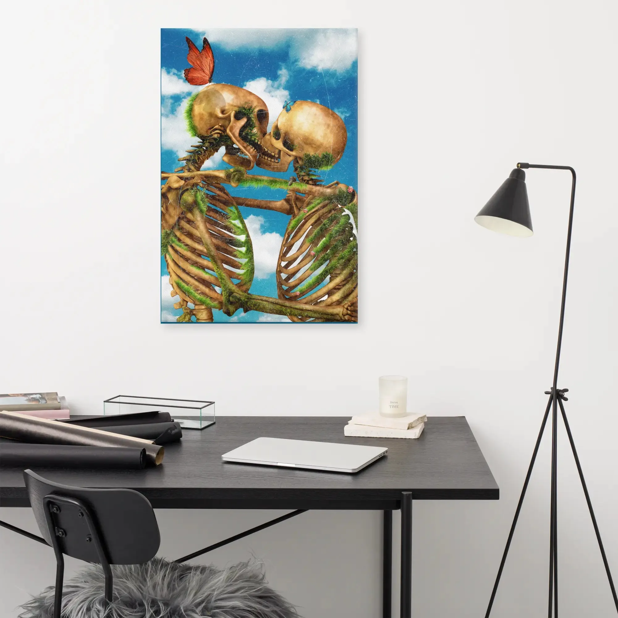 Til Death – Skeletons Kissing Under a Blue Sky Canvas Print