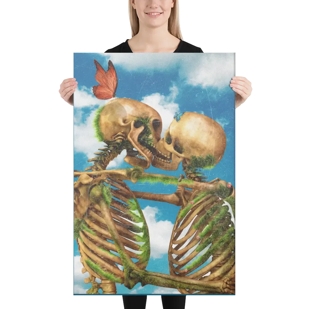 Til Death – Skeletons Kissing Under a Blue Sky Canvas Print