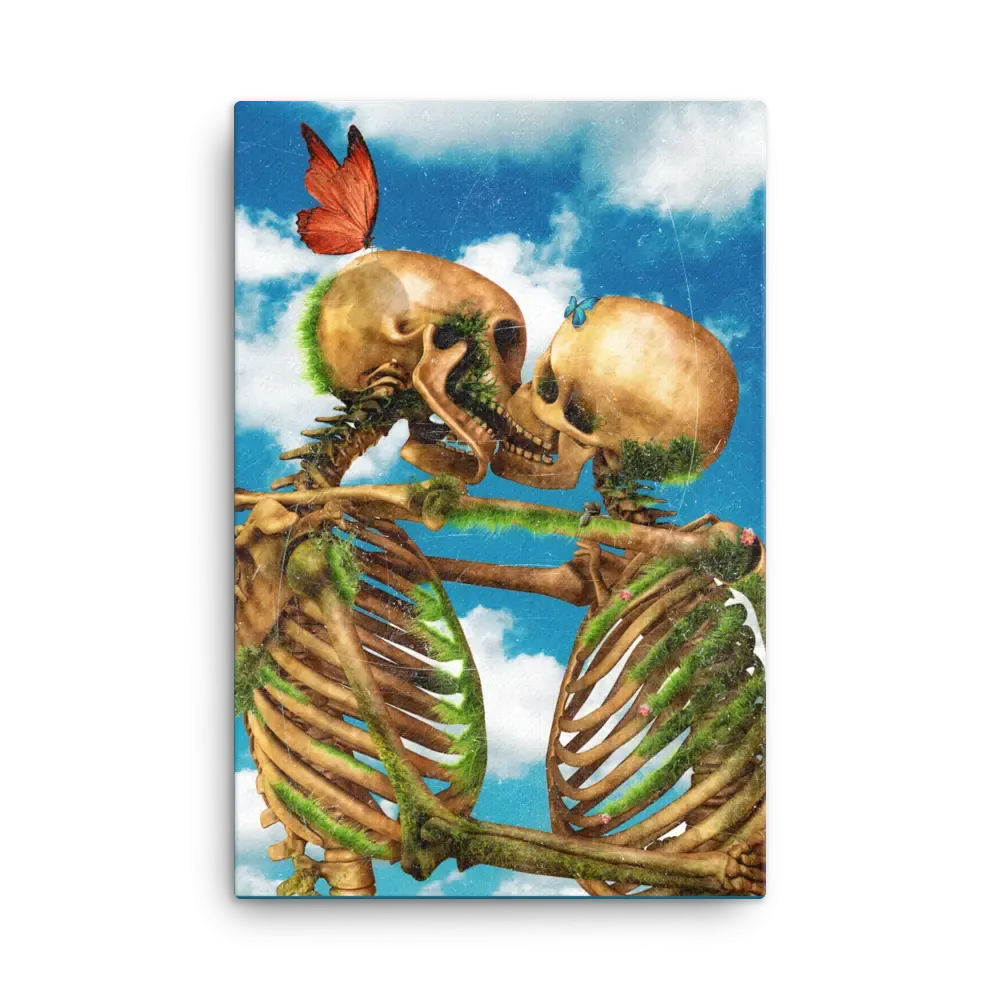 Til Death – Skeletons Kissing Under a Blue Sky Canvas Print