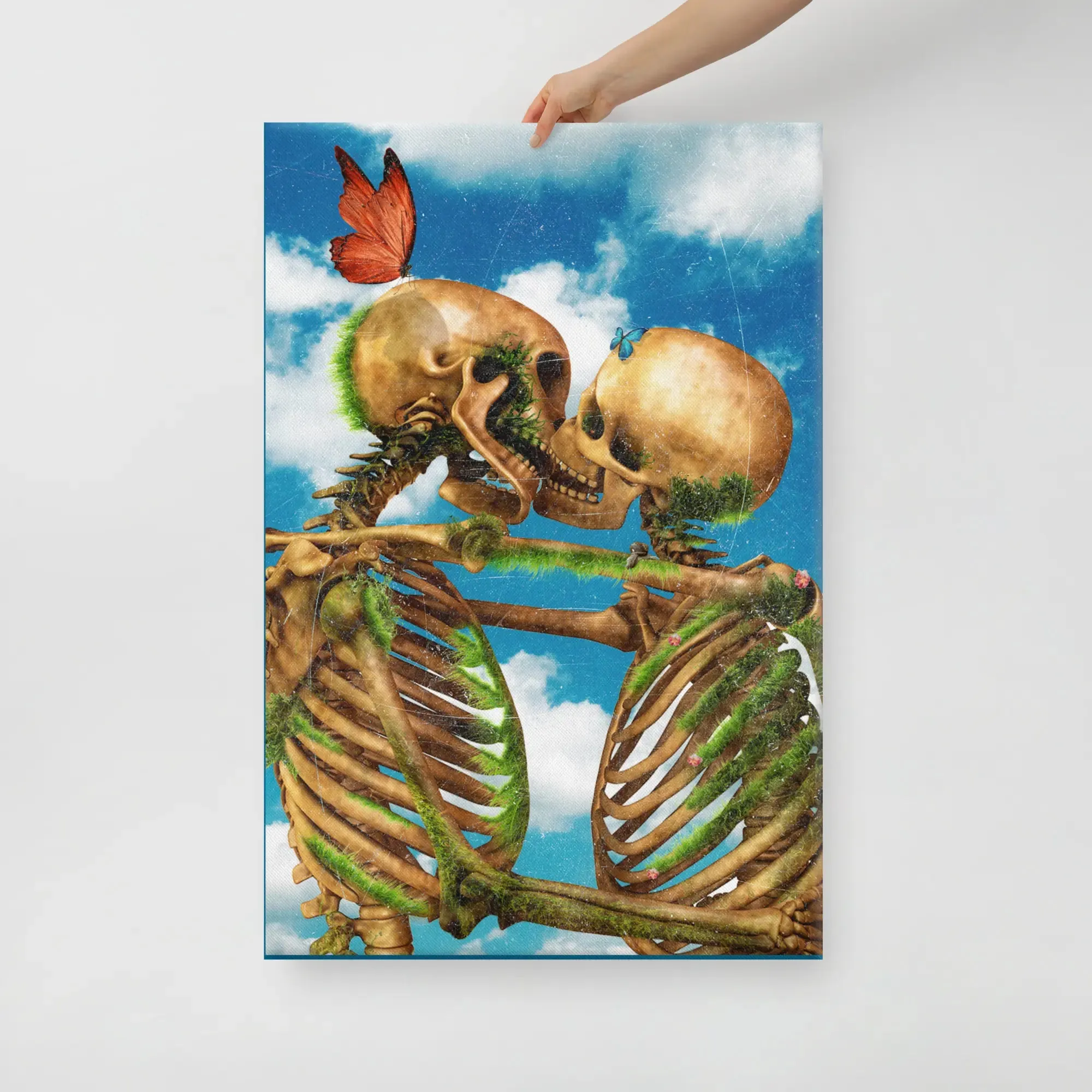 Til Death – Skeletons Kissing Under a Blue Sky Canvas Print