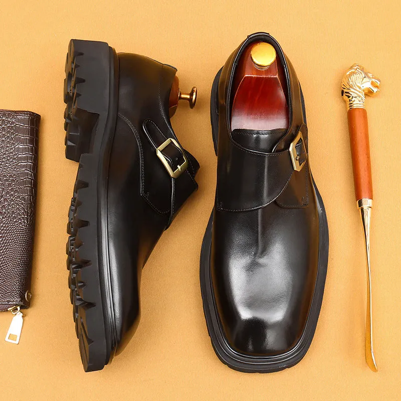 Top Layer Cowhide Men's Leather Shoes Business Casual Leather Shoes Men's Wide Feet Leather Men's Shoes British Retro Platform Buckle Monk Shoes96133