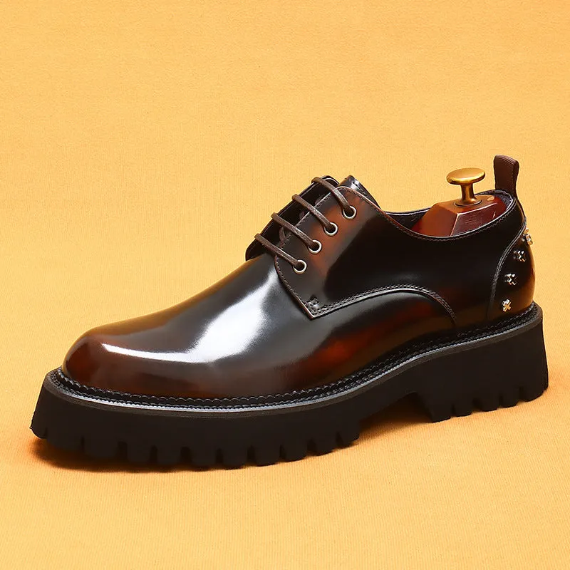 Top Layer Cowhide Men's Leather Shoes Double Layer Platform Height Increasing Shoes Genuine Leather England Style Rivet Business Casual Shoes23671