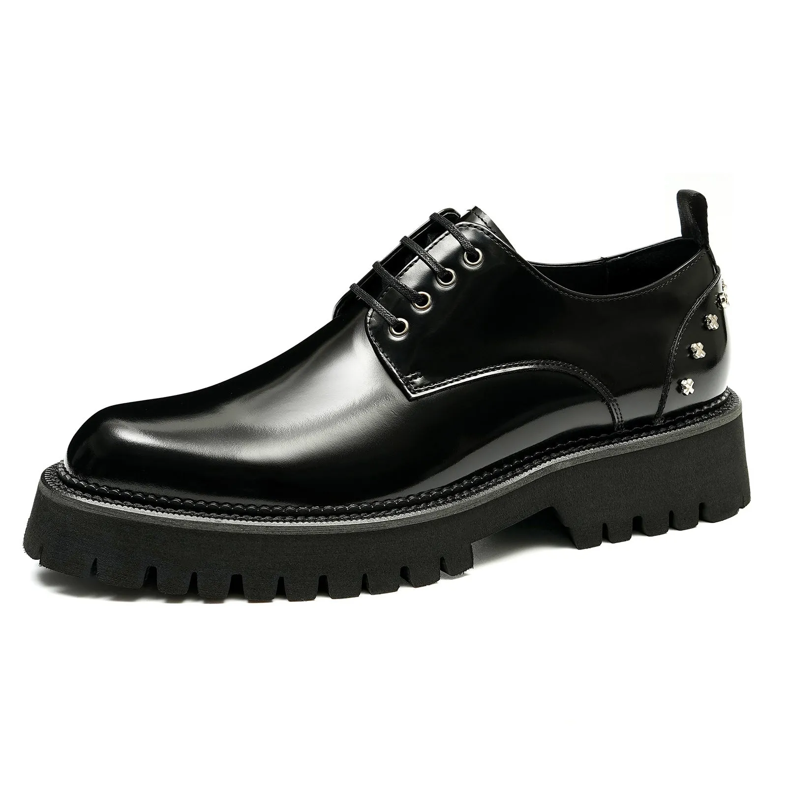 Top Layer Cowhide Men's Leather Shoes Double Layer Platform Height Increasing Shoes Genuine Leather England Style Rivet Business Casual Shoes23671